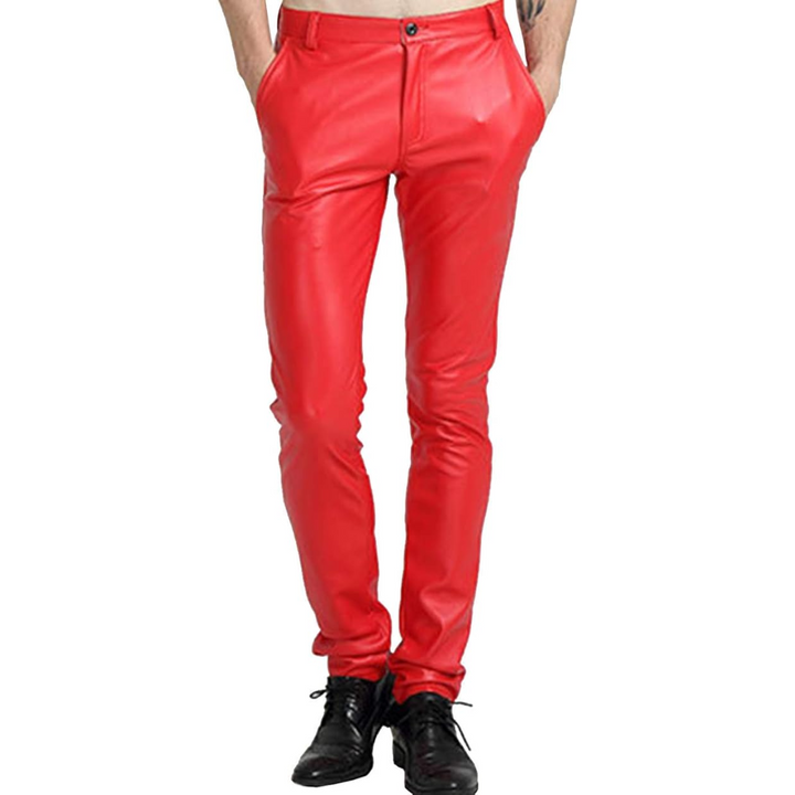 Men's Tapered Faux Leather Biker Trousers - Victor-Red-28-The Livary