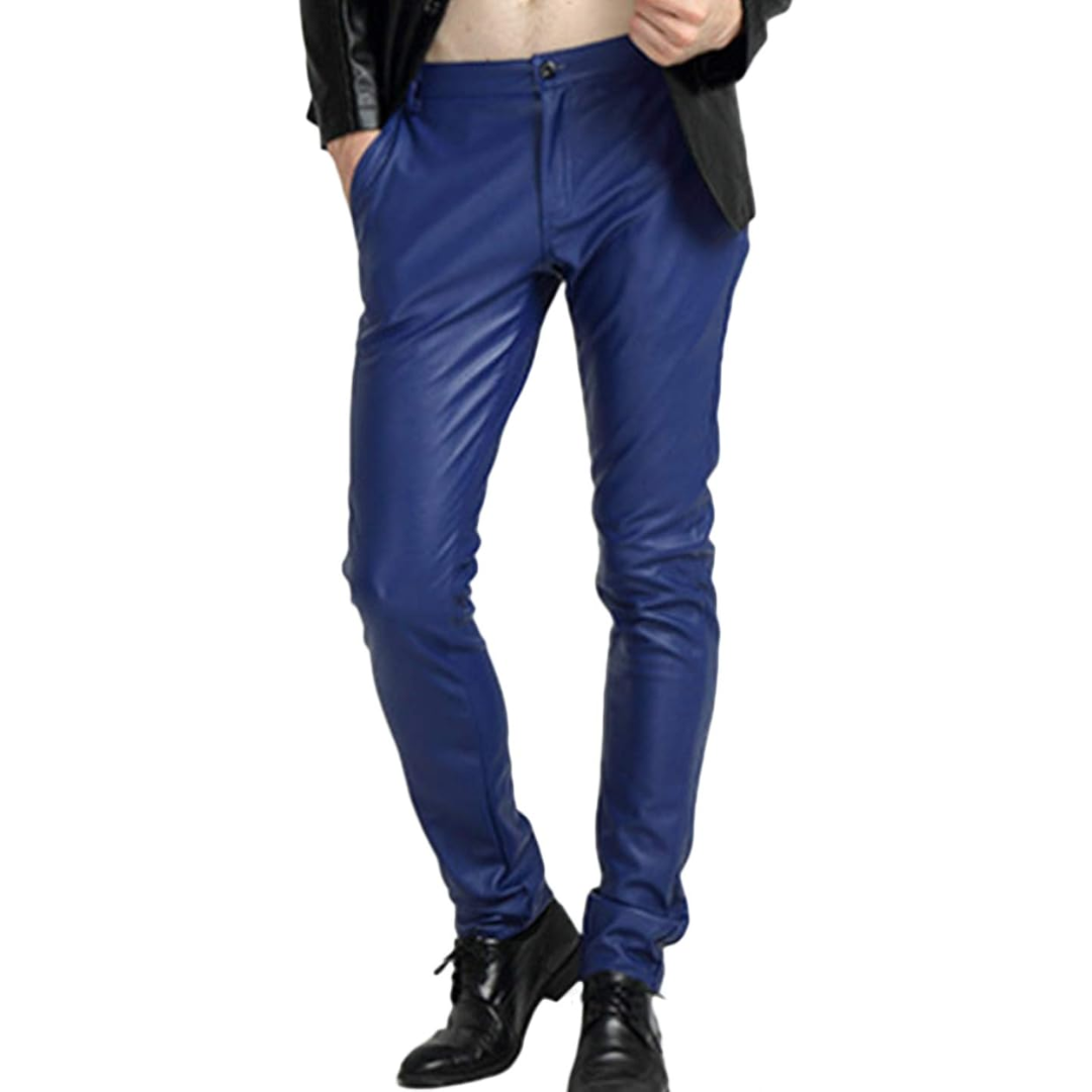 Men's Tapered Faux Leather Biker Trousers - Victor-Blue-28-The Livary