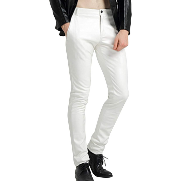 Men's Tapered Faux Leather Biker Trousers - Victor-White-28-The Livary