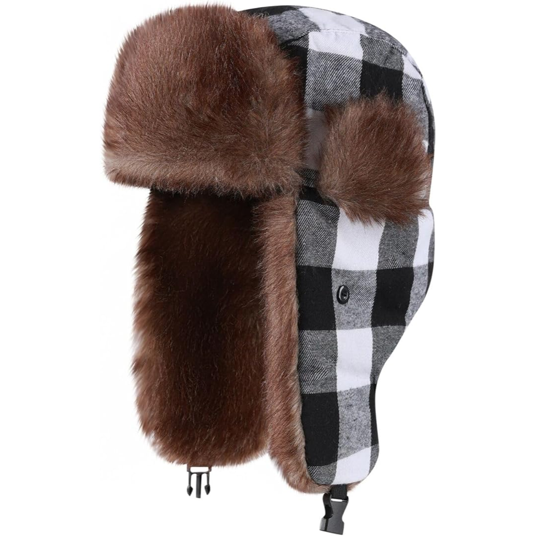 Trapper Winter Hat with Fur Lining - Sasha-Checkered Black White-The Livary