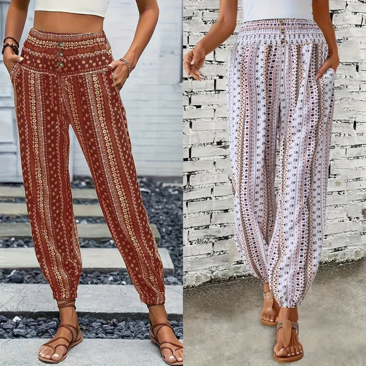 Boho High-Waist Women's Trousers with Print & Smocked Waistband – Linara-Dark brown-S-The Livary