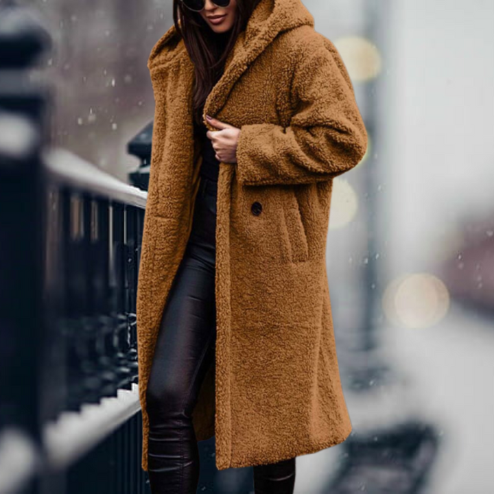 Stylish Ladies Faux Fur Coat with Hood - Vivienne-Golden camel-S-The Livary