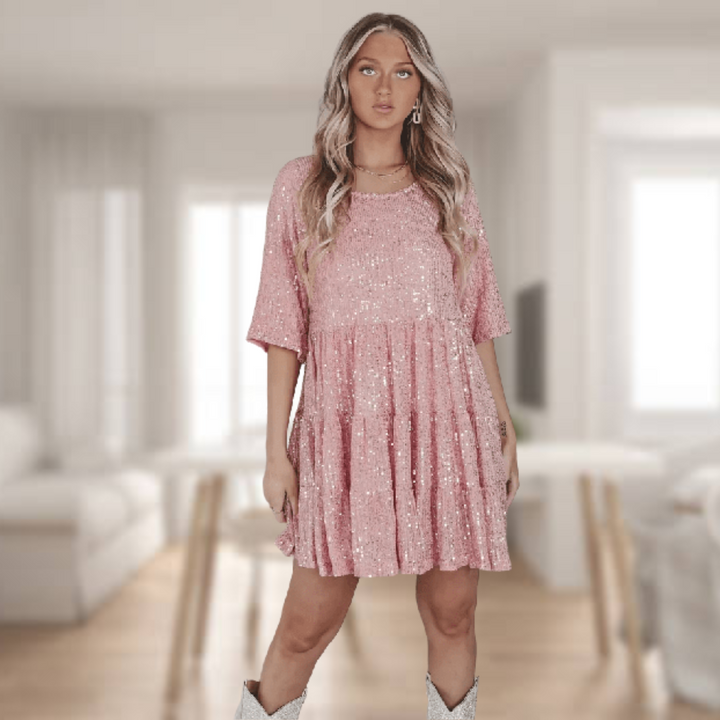 Sparkling sequin party dress – Luna-Pink-S-The Livary