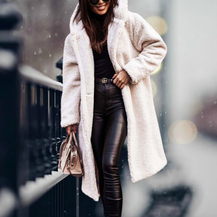 Stylish Ladies Faux Fur Coat with Hood - Vivienne-Creamy white-S-The Livary