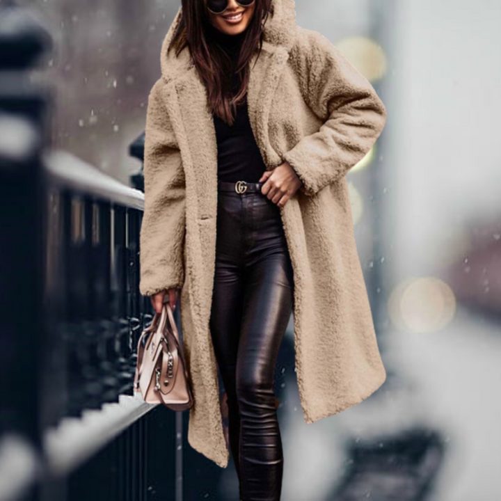 Stylish Ladies Faux Fur Coat with Hood - Vivienne-Apricot-S-The Livary