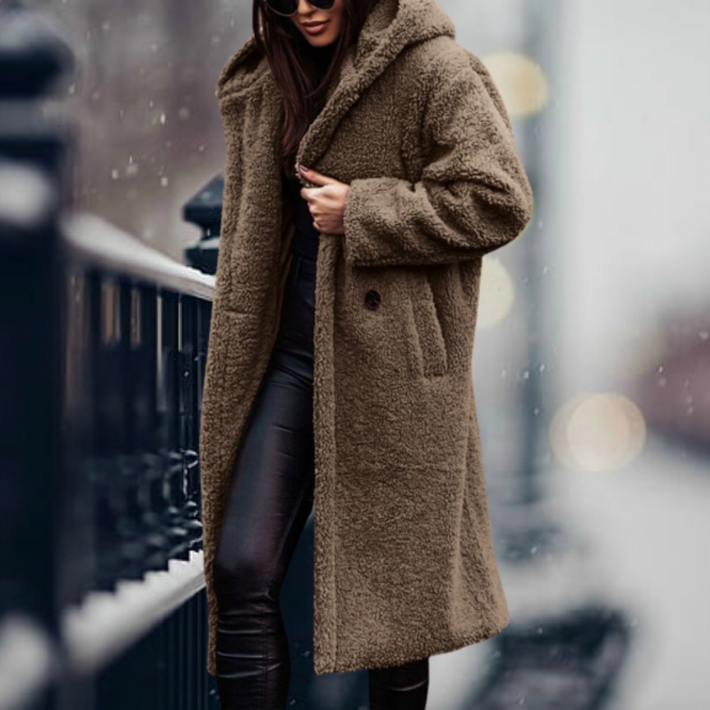 Stylish Ladies Faux Fur Coat with Hood - Vivienne-Khaki-S-The Livary
