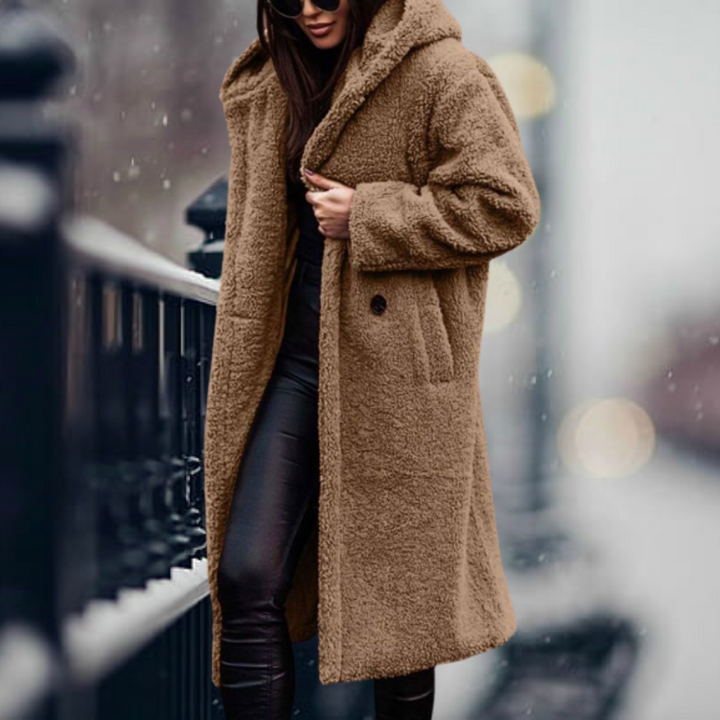 Stylish Ladies Faux Fur Coat with Hood - Vivienne-Camel-S-The Livary