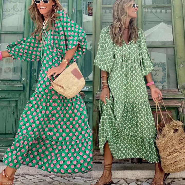 Boho summer dress in Ibiza style with a loose fit – Elira-Green & White-S-The Livary