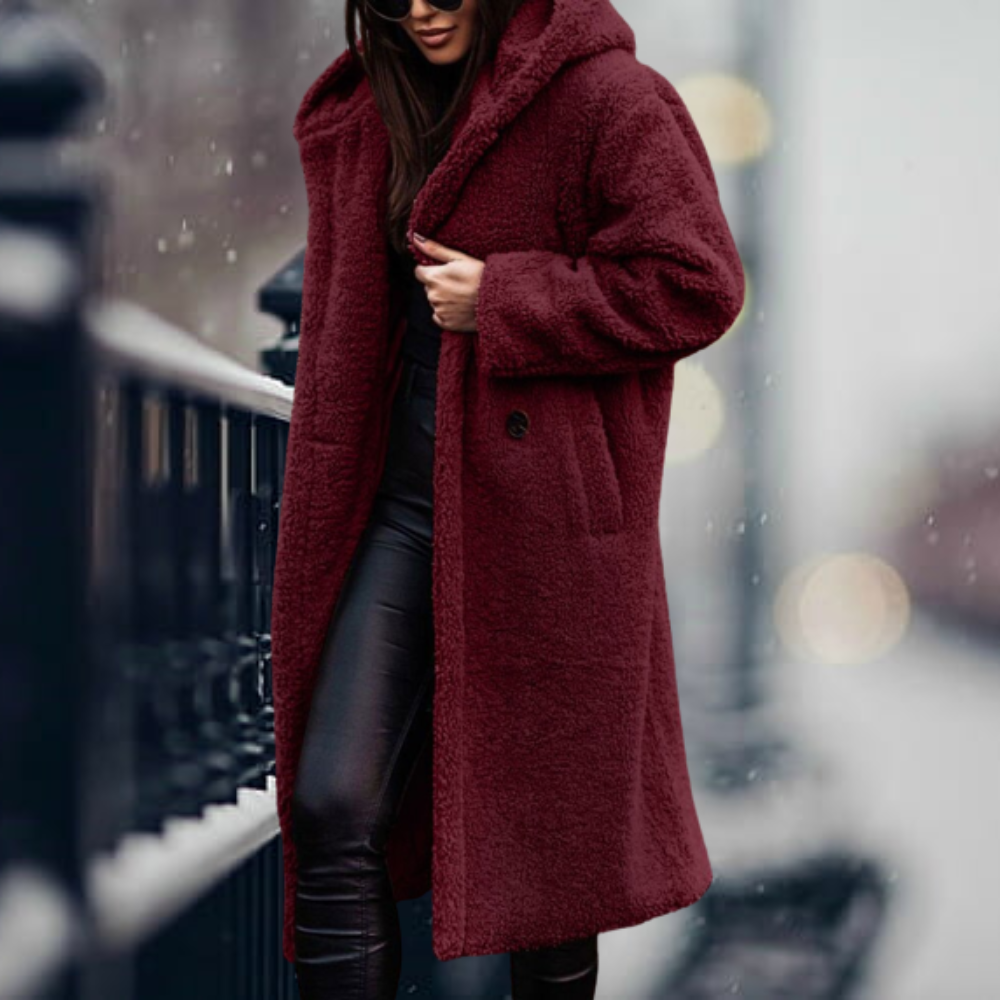 Stylish Ladies Faux Fur Coat with Hood - Vivienne-Red wine-S-The Livary