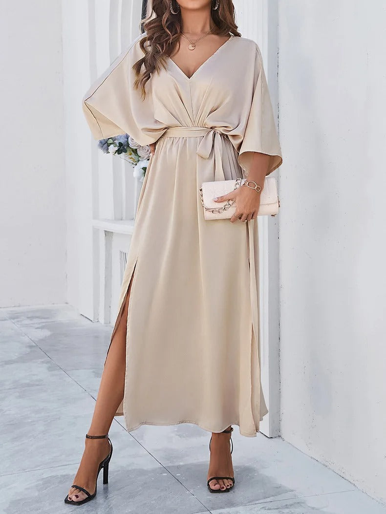 Trendy V-neck Spring Dress - Isabella-Champagne-XS-The Livary