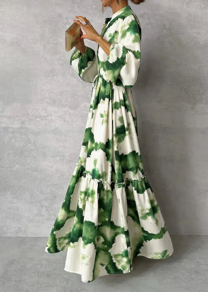 Drizella - Green maxi dress with long sleeves and pointed neckline-S-The Livary