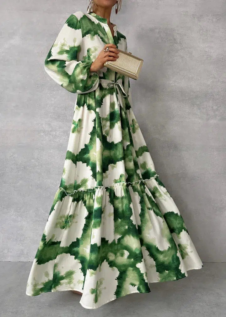 Drizella - Green maxi dress with long sleeves and pointed neckline-S-The Livary