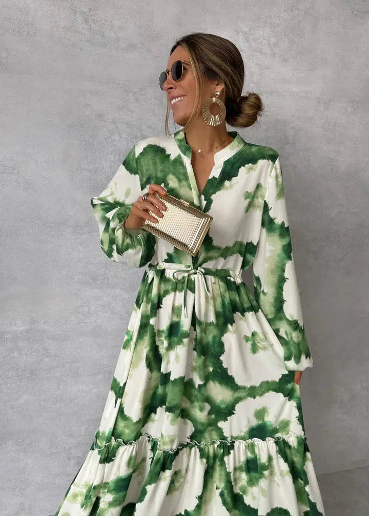 Drizella - Green maxi dress with long sleeves and pointed neckline-S-The Livary
