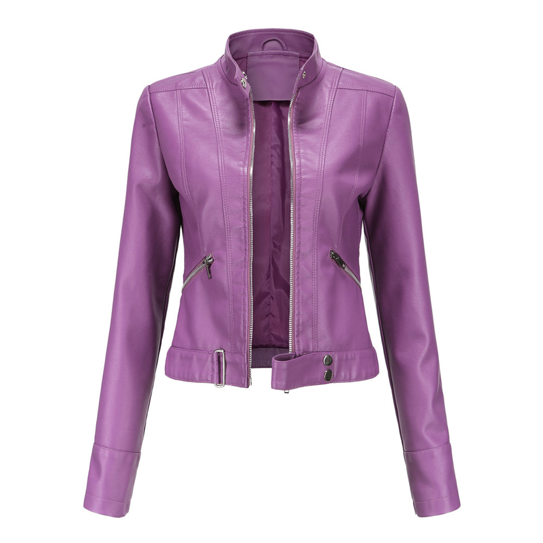 Stylish women's leather jacket in classic design – Marlene-Purple-S-The Livary