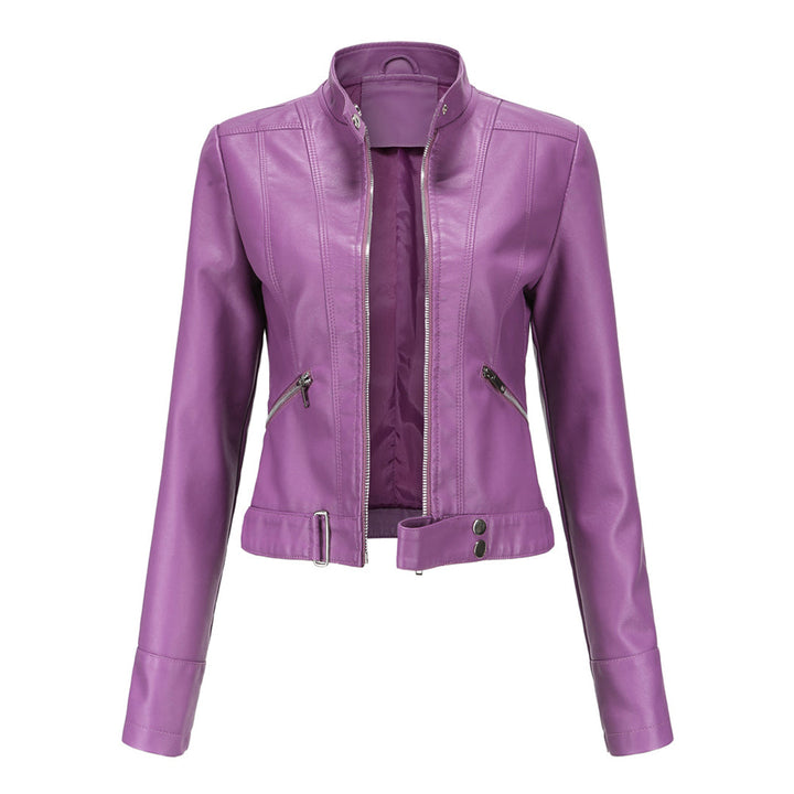 Stylish women's leather jacket in classic design – Marlene-Purple-S-The Livary