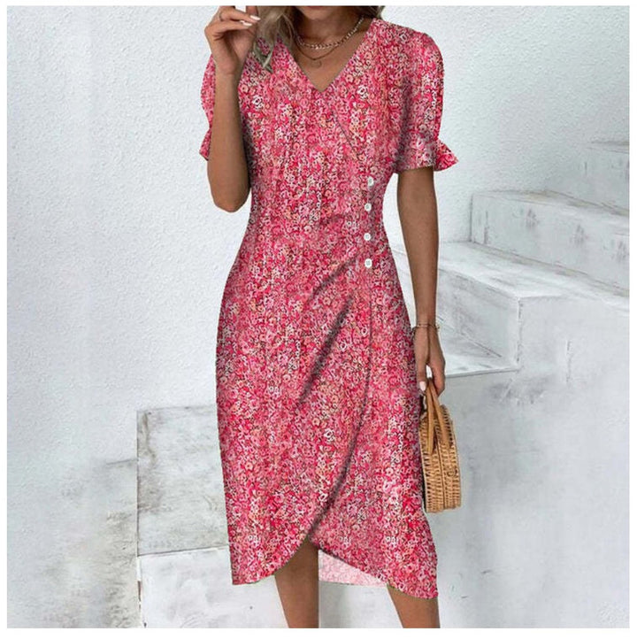 Button dress with V-neck & short sleeves – Luisa-Pink-S-The Livary