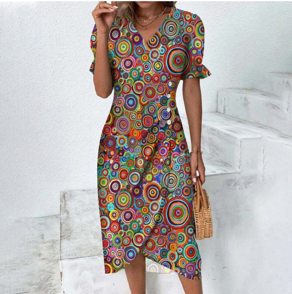 Button dress with V-neck & short sleeves – Luisa-Multicoloured-S-The Livary