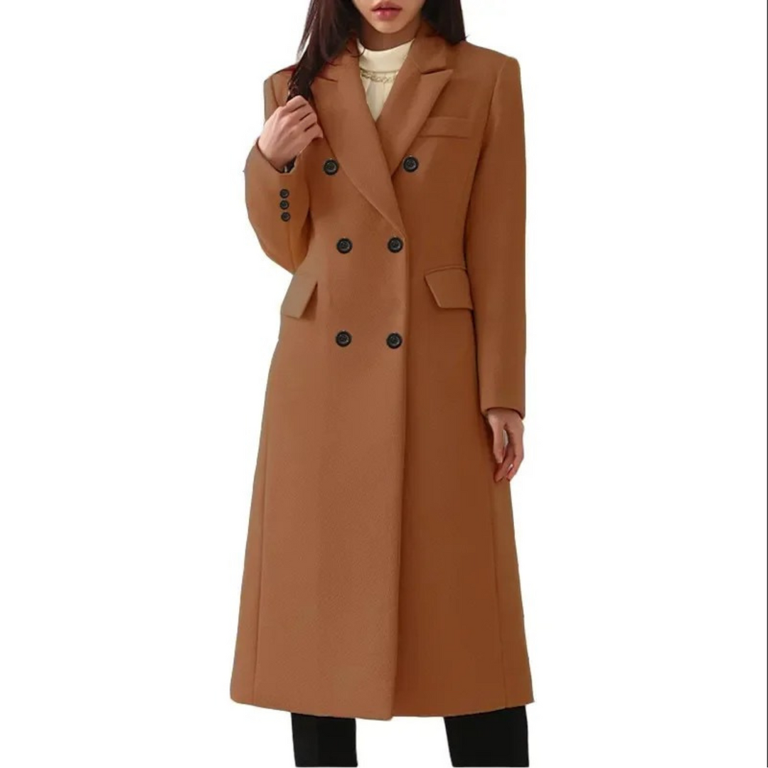 Long Wool Women's Coat with Double Collar - Elise-Dark brown-S-The Livary