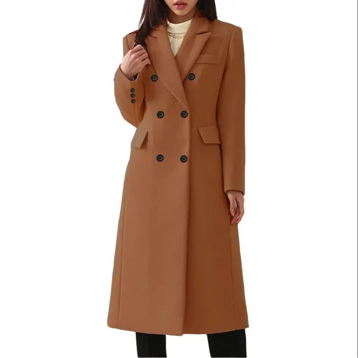 Long Wool Women's Coat with Double Collar - Elise-Dark brown-S-The Livary