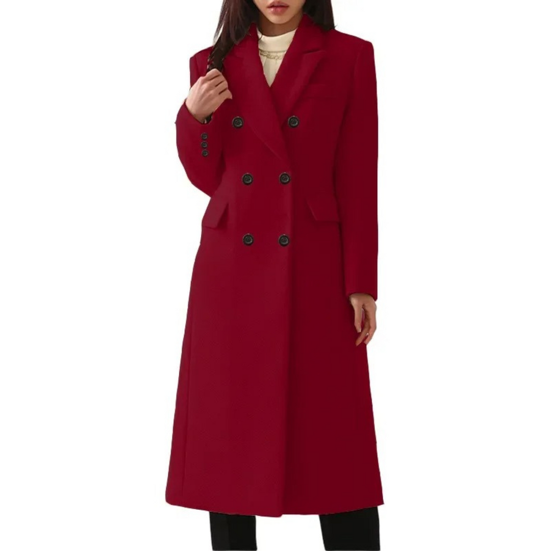 Long Wool Women's Coat with Double Collar - Elise-Red-S-The Livary