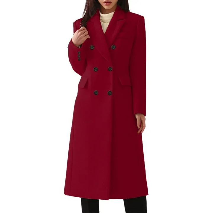 Long Wool Women's Coat with Double Collar - Elise-Red-S-The Livary