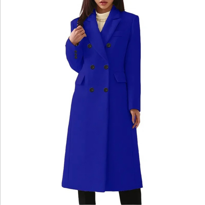 Long Wool Women's Coat with Double Collar - Elise-Blue-S-The Livary