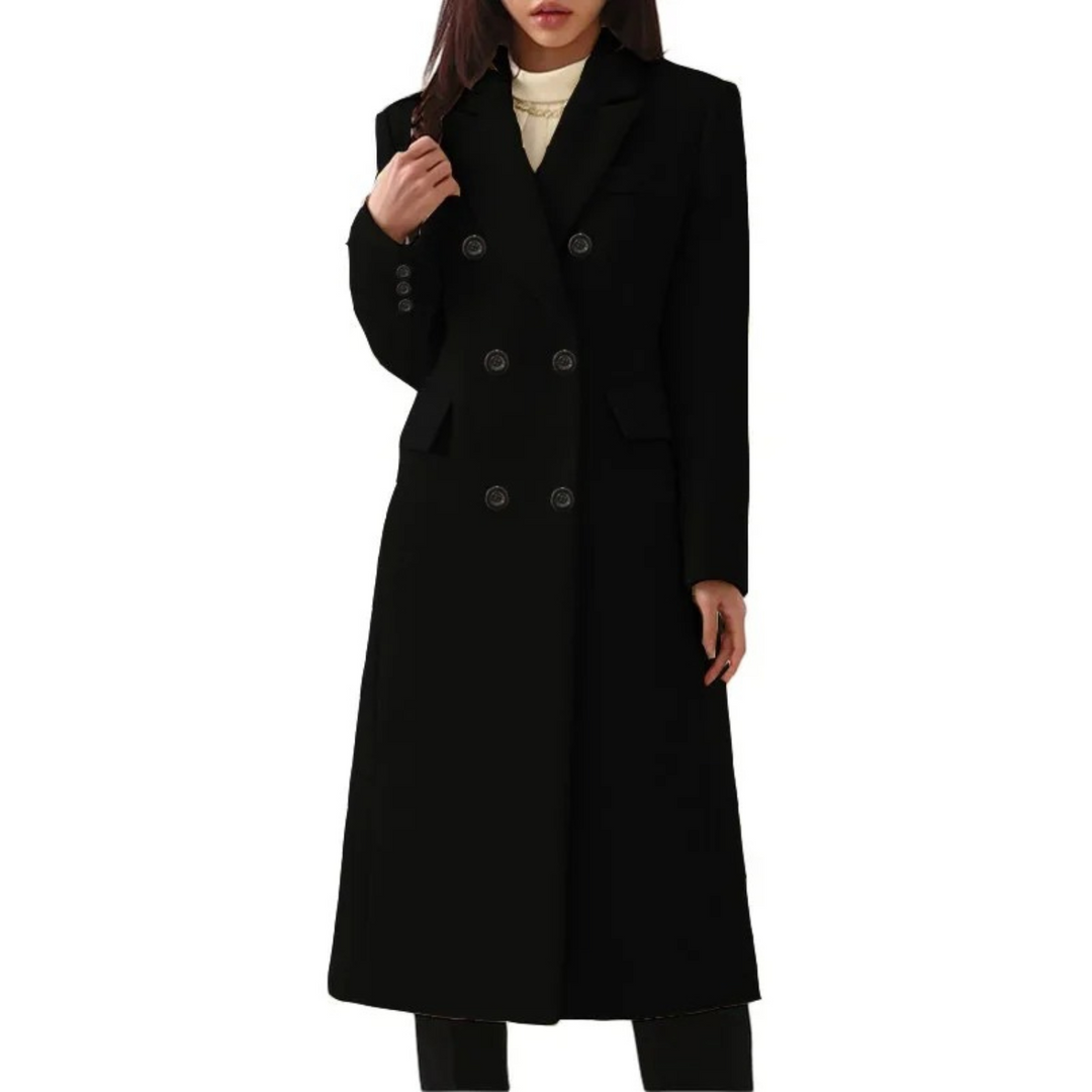 Long Wool Women's Coat with Double Collar - Elise-Black-S-The Livary