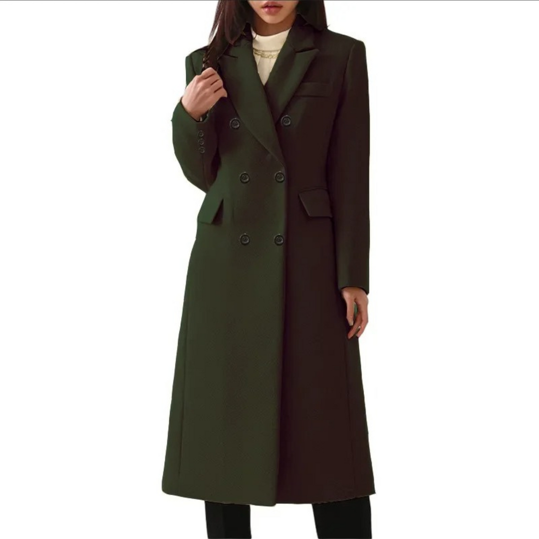 Long Wool Women's Coat with Double Collar - Elise-Dark green-S-The Livary