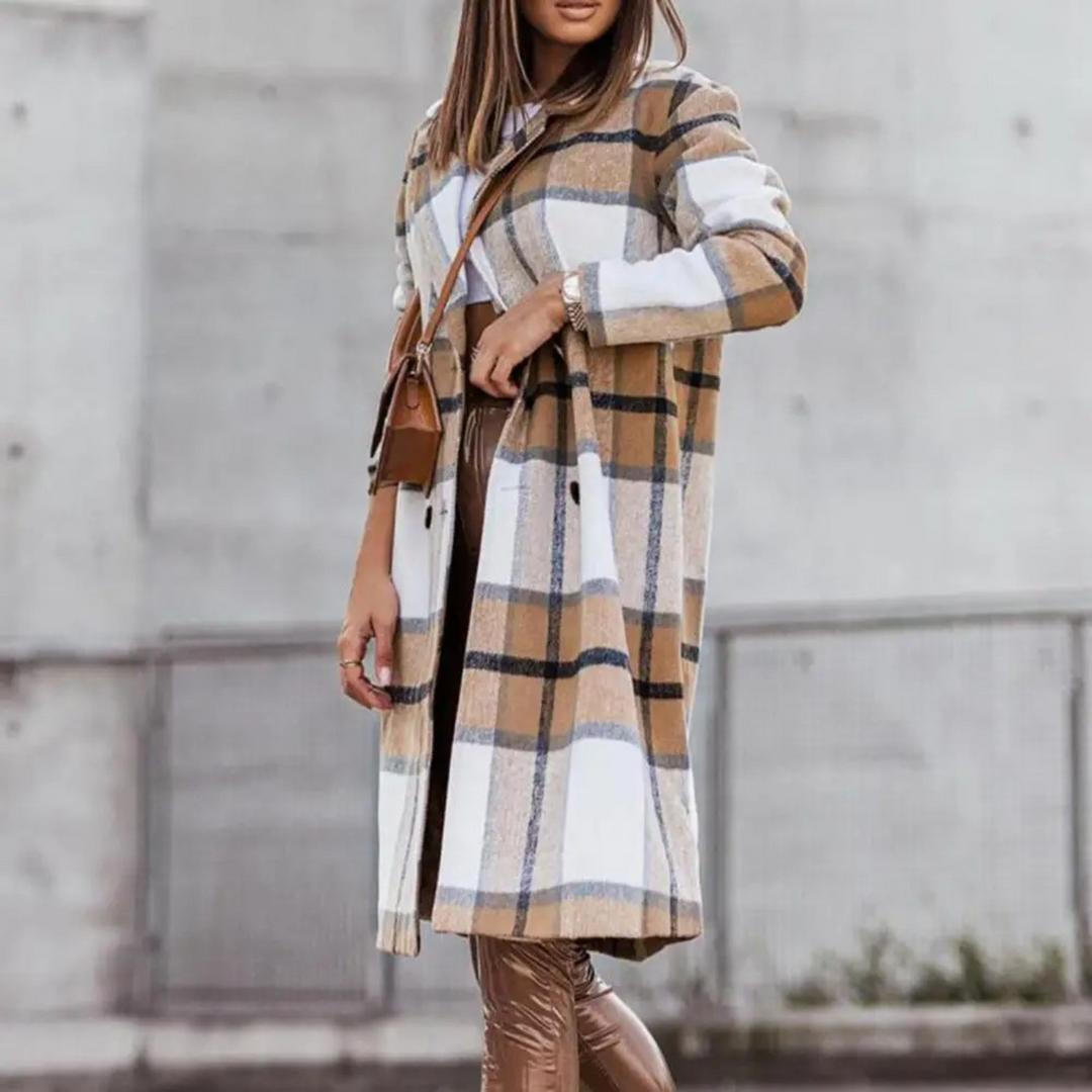 Stylish Wool Coat with Check for Women - Margot-Brown-white-S-The Livary
