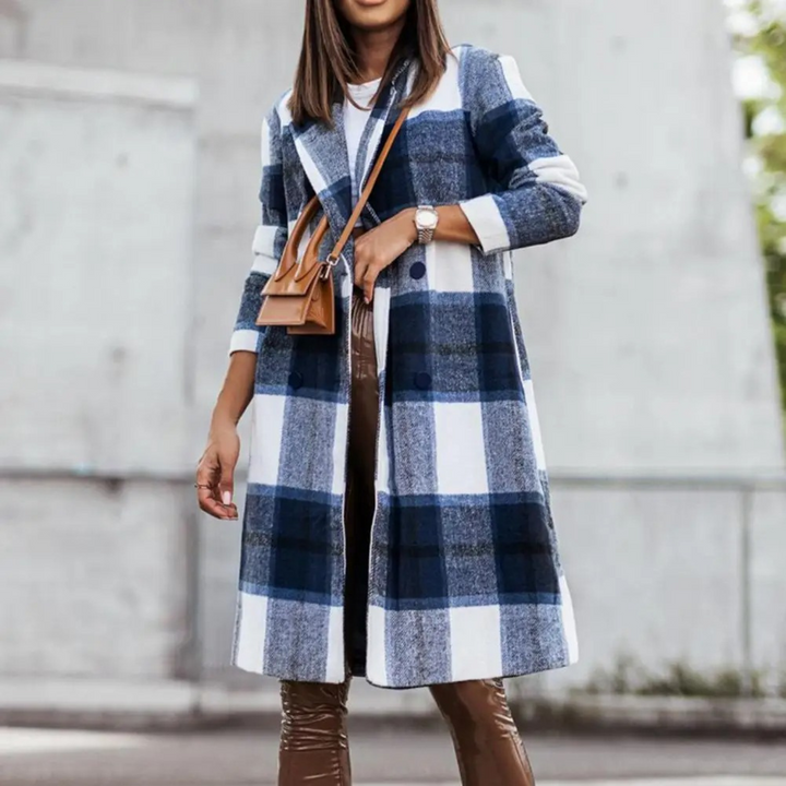 Stylish Wool Coat with Check for Women - Margot-Blue-white-S-The Livary