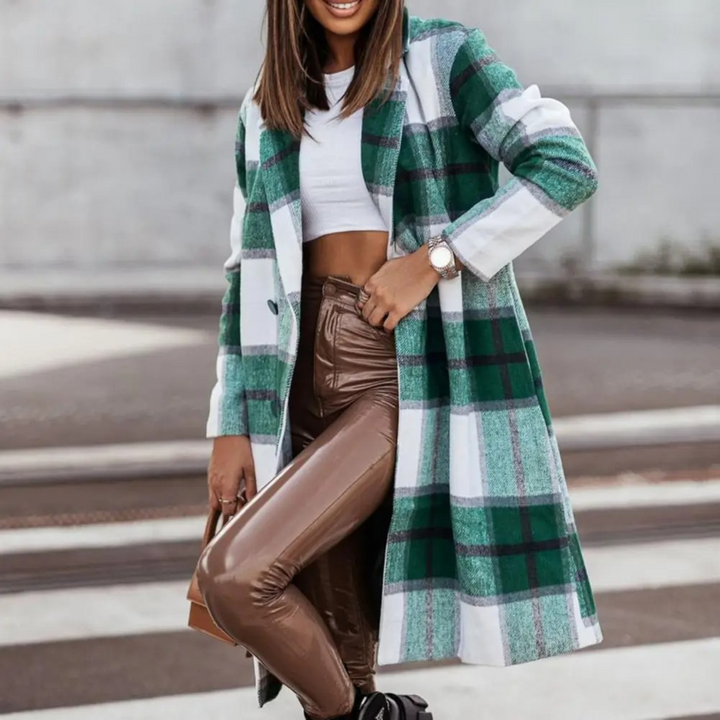 Stylish Wool Coat with Check for Women - Margot-Green and white-S-The Livary