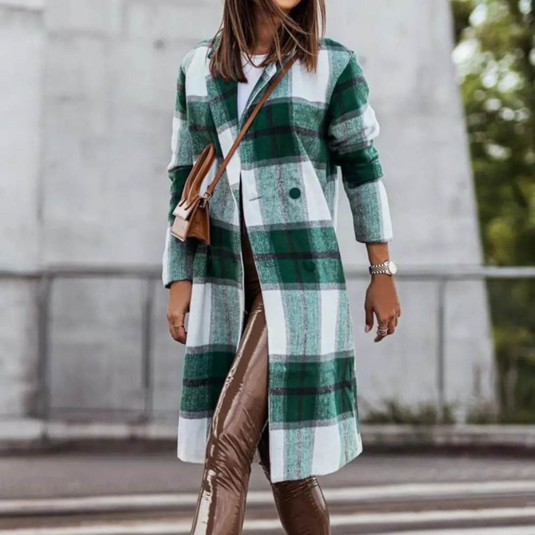 Stylish Wool Coat with Check for Women - Margot-Green and white-S-The Livary