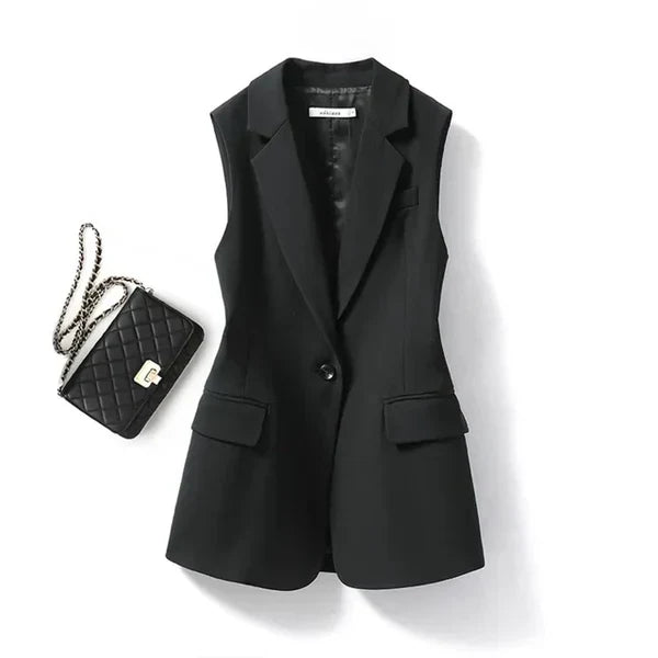 Trendy Sleeveless Blazer - Celeste-Black-S-The Livary