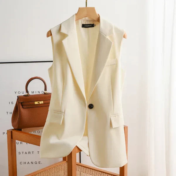 Trendy Sleeveless Blazer - Celeste-Cream white-S-The Livary