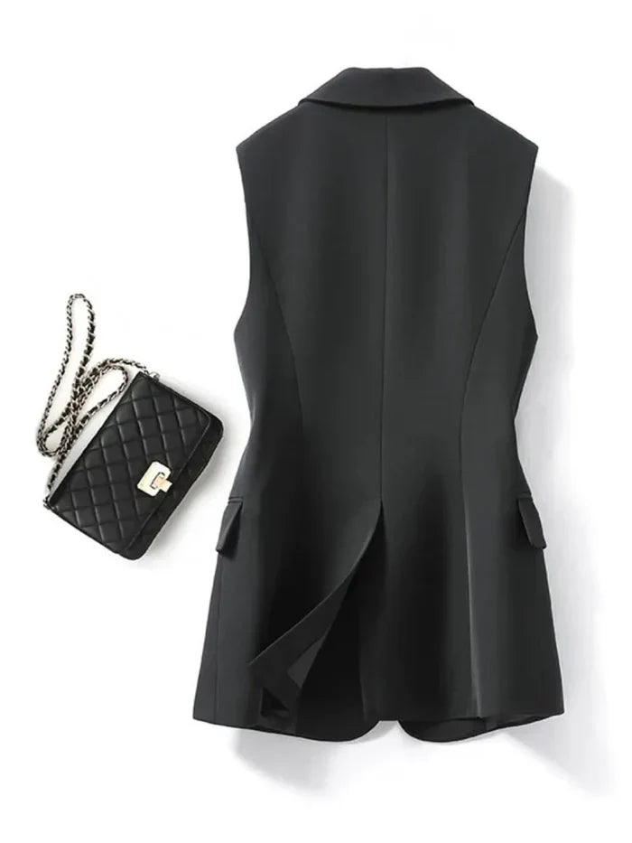 Trendy Sleeveless Blazer - Celeste-Black-S-The Livary