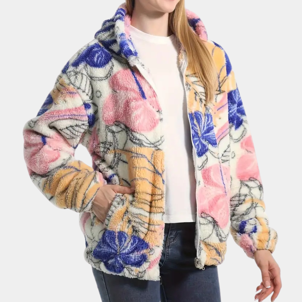 Warm Ladies' Coat with Hood and Floral Print - Elira-XS-The Livary