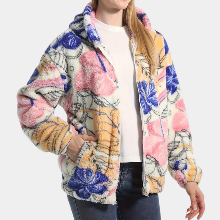 Warm Ladies' Coat with Hood and Floral Print - Elira-XS-The Livary