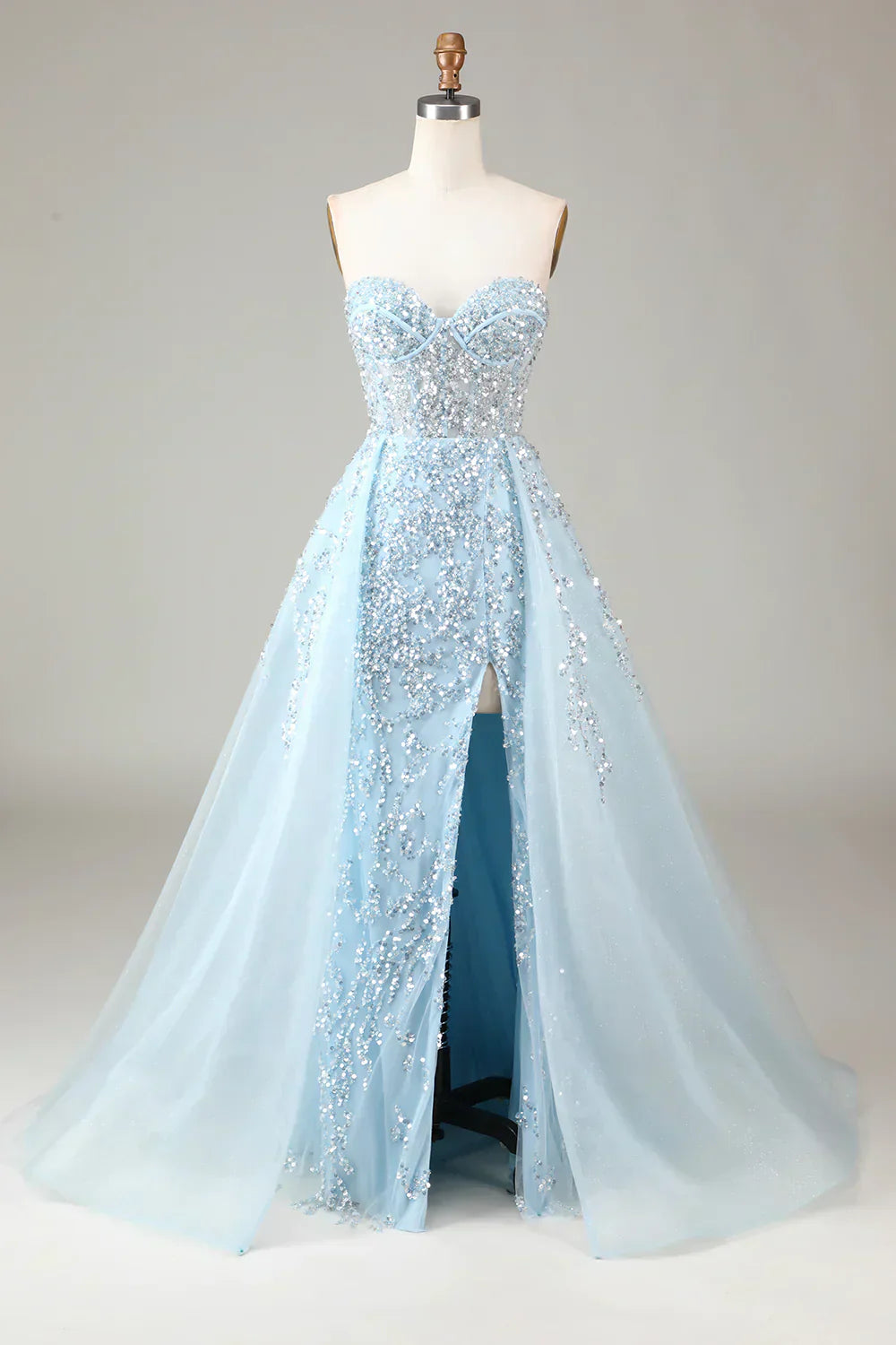 Sparkling Light Blue A-Line Corset Ball Gown with Split - Sophia-Light blue-EU32-The Livary