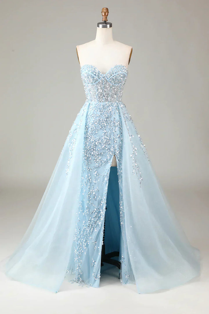 Sparkling Light Blue A-Line Corset Ball Gown with Split - Sophia-Light blue-EU32-The Livary