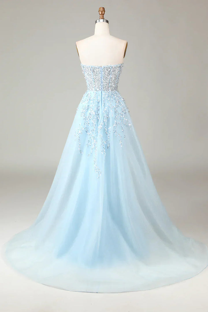 Sparkling Light Blue A-Line Corset Ball Gown with Split - Sophia-Light blue-EU32-The Livary