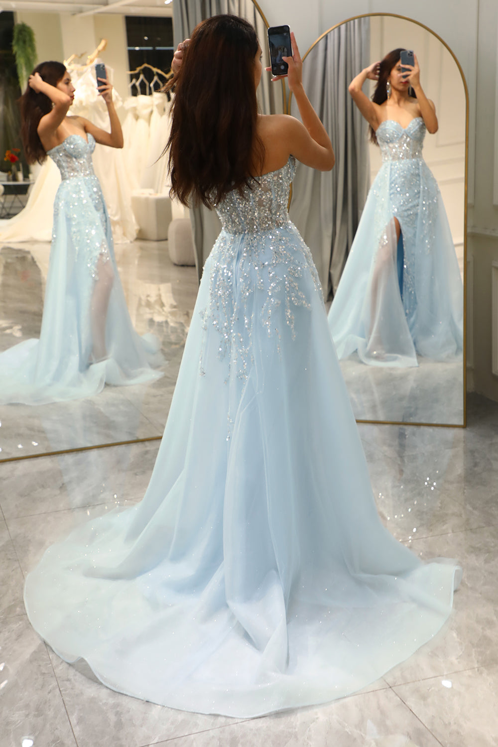 Sparkling Light Blue A-Line Corset Ball Gown with Split - Sophia-Light blue-EU32-The Livary