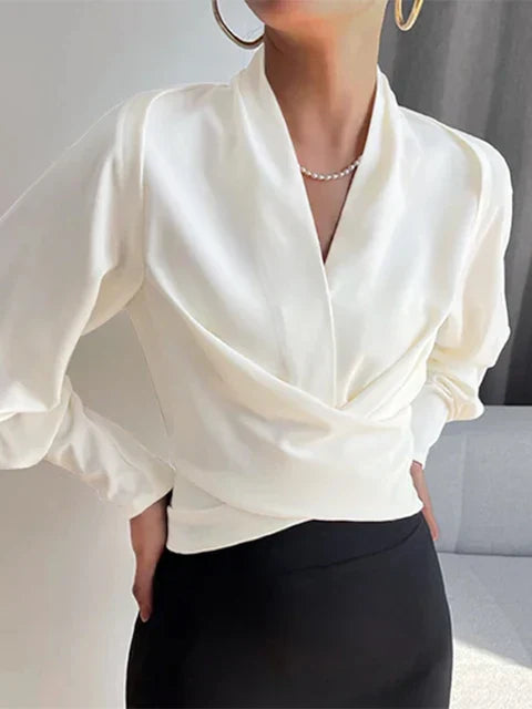 Trendy Ladies' Blouse with V-Neck - Elena-White-S-The Livary