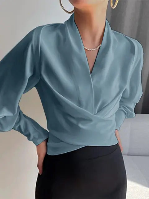 Trendy Ladies' Blouse with V-Neck - Elena-Blue-S-The Livary