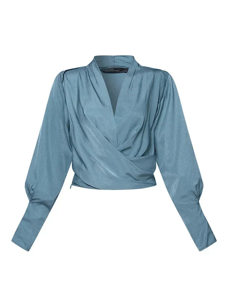 Trendy Ladies' Blouse with V-Neck - Elena-Blue-S-The Livary