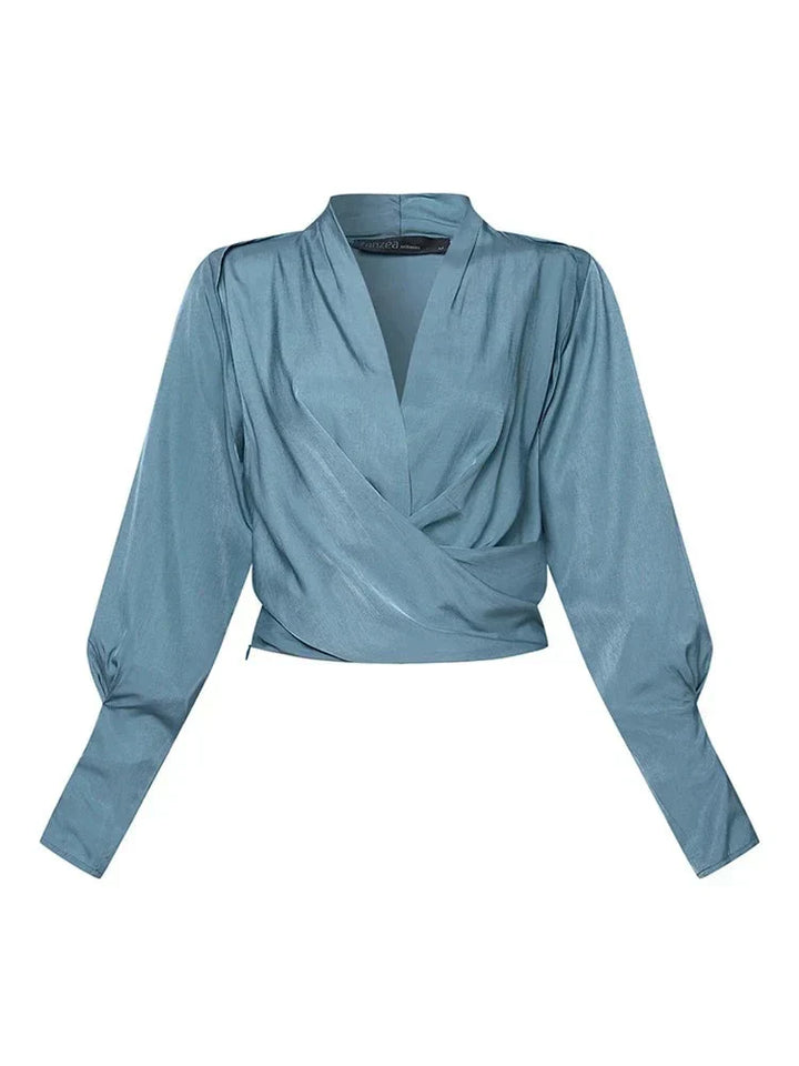 Trendy Ladies' Blouse with V-Neck - Elena-Blue-S-The Livary
