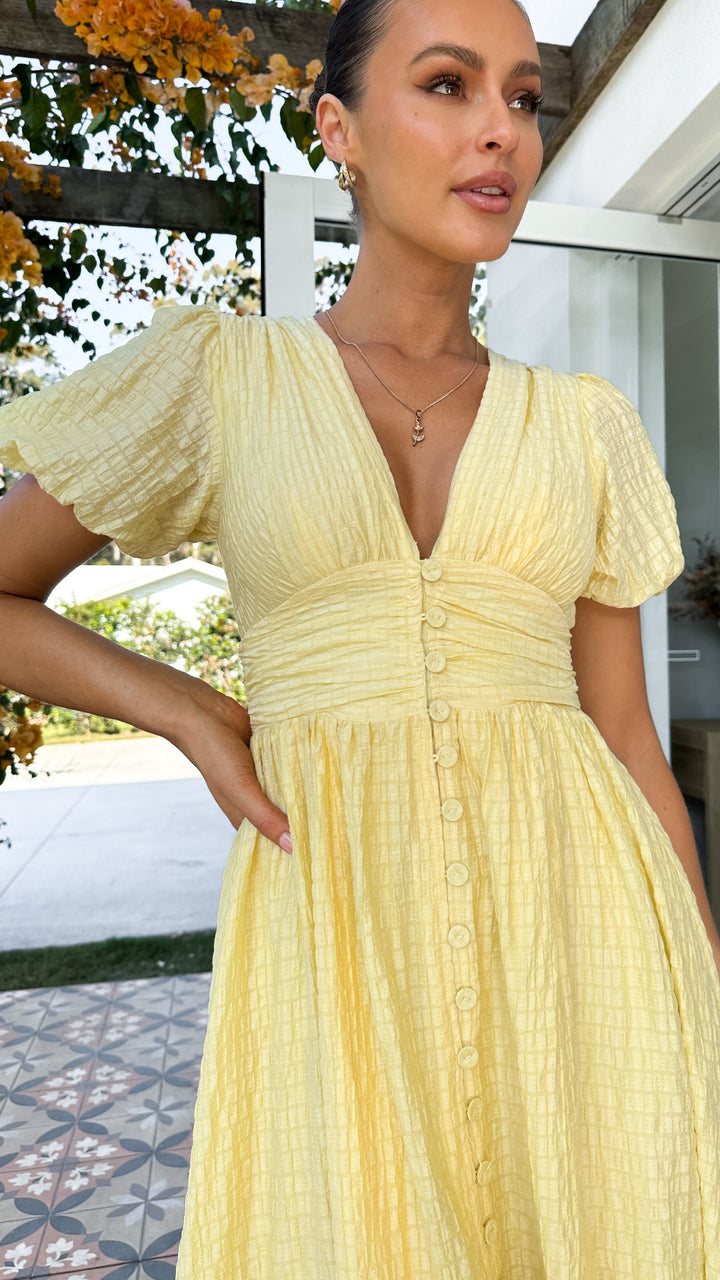 Boho maxi dress with V-neck and button placket – Yara-Blue-S-The Livary