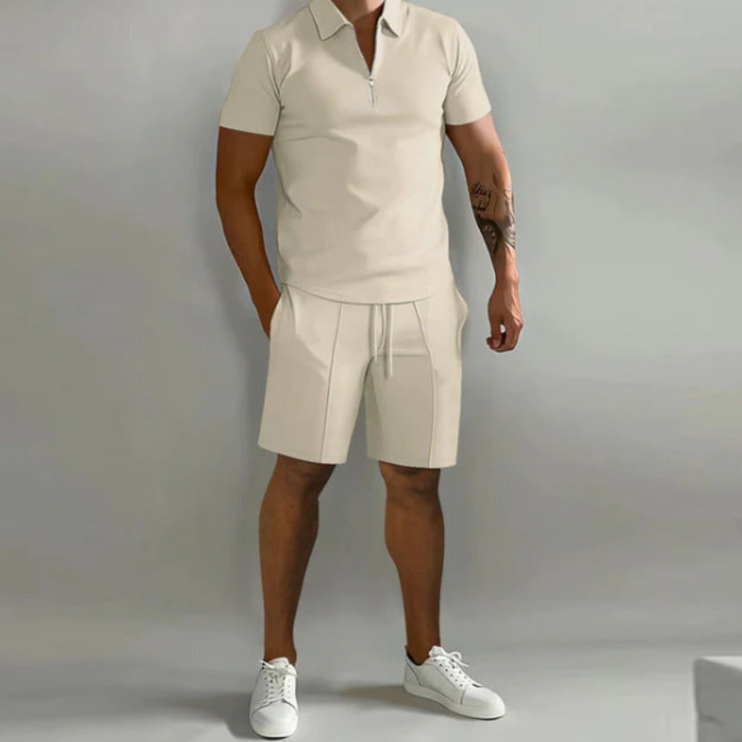 Men's sports set polo with zip and shorts summer style - Dario-Beige-S-The Livary