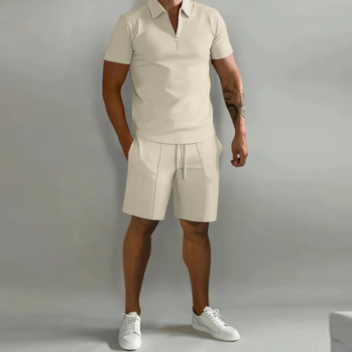 Men's sports set polo with zip and shorts summer style - Dario-Beige-S-The Livary