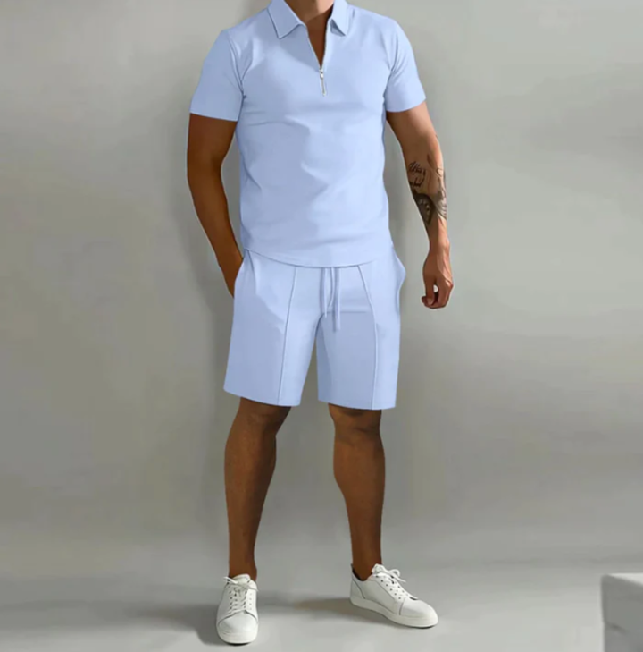 Men's sports set polo with zip and shorts summer style - Dario-Light blue-S-The Livary