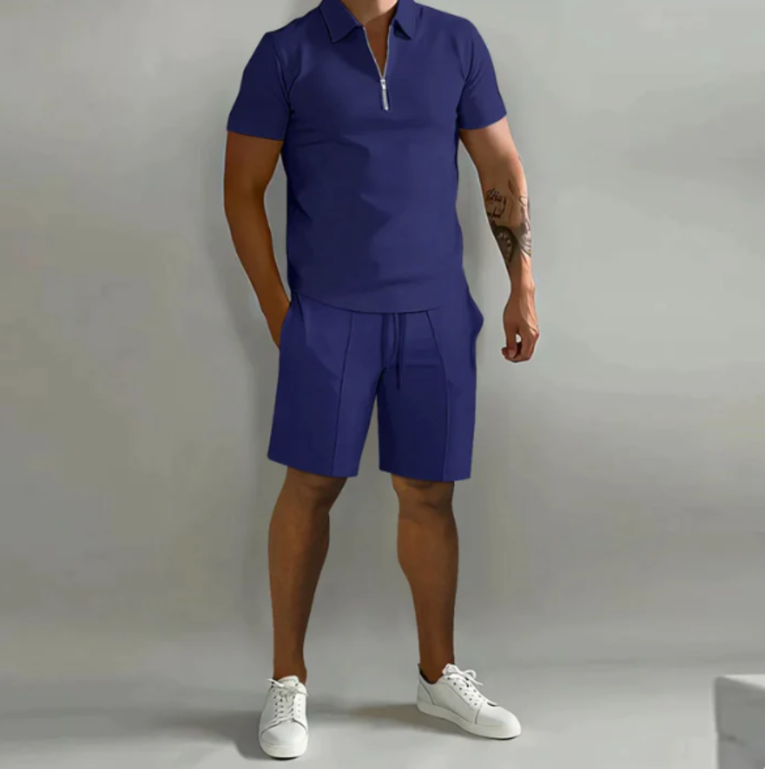 Men's sports set polo with zip and shorts summer style - Dario-Marine blue-S-The Livary